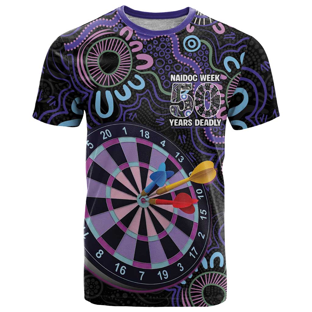 First Nations Darts NAIDOC 2026 T Shirt Aboriginal Dot Art Dartboard Purple