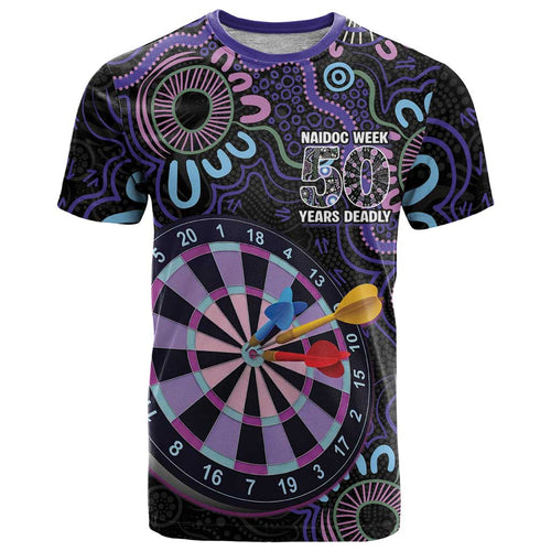 First Nations Darts NAIDOC 2026 T Shirt Aboriginal Dot Art Dartboard Purple