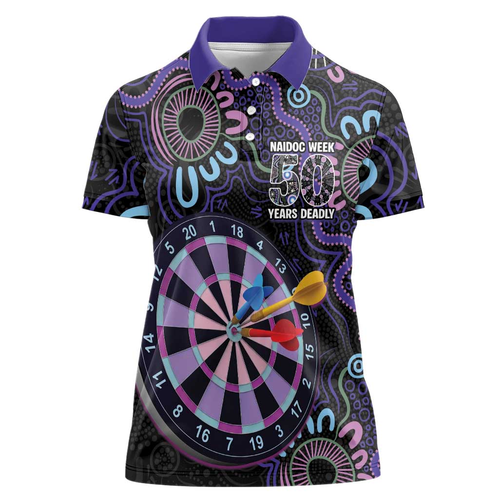 First Nations Darts NAIDOC 2026 Women Polo Shirt Aboriginal Dot Art Dartboard Purple