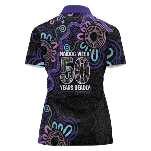 First Nations Darts NAIDOC 2026 Women Polo Shirt Aboriginal Dot Art Dartboard Purple
