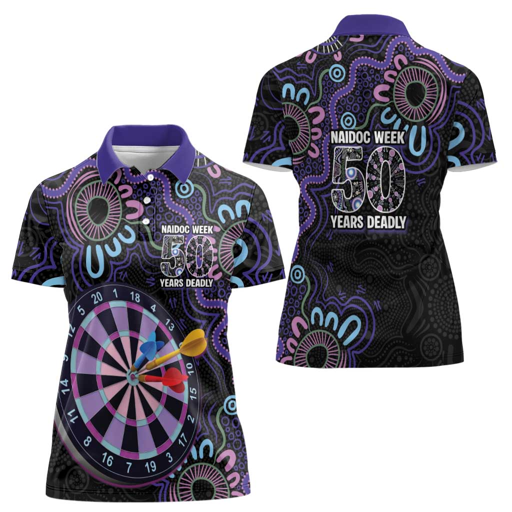 First Nations Darts NAIDOC 2026 Women Polo Shirt Aboriginal Dot Art Dartboard Purple
