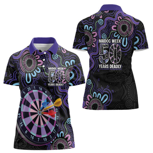 First Nations Darts NAIDOC 2026 Women Polo Shirt Aboriginal Dot Art Dartboard Purple