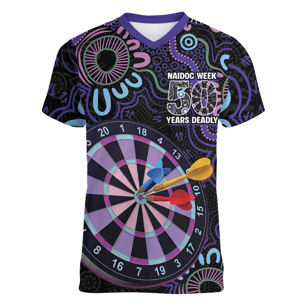 First Nations Darts NAIDOC 2026 Women V-Neck T-Shirt Aboriginal Dot Art Dartboard Purple