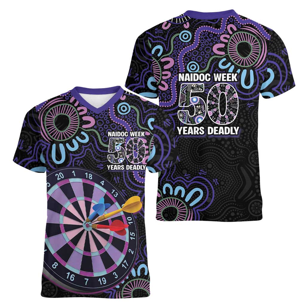 First Nations Darts NAIDOC 2026 Women V-Neck T-Shirt Aboriginal Dot Art Dartboard Purple
