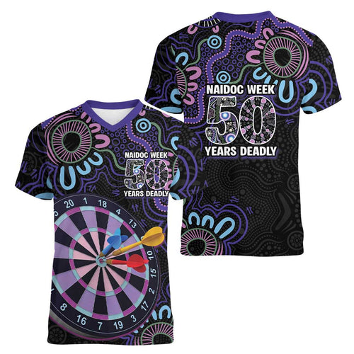 First Nations Darts NAIDOC 2026 Women V-Neck T-Shirt Aboriginal Dot Art Dartboard Purple