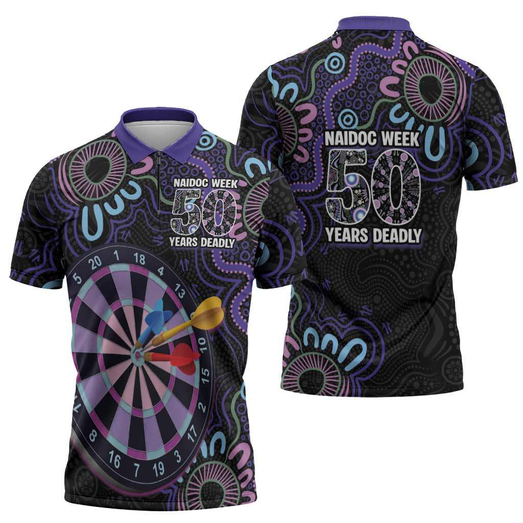 First Nations Darts NAIDOC 2026 Zipper Polo Shirt Aboriginal Dot Art Dartboard Purple