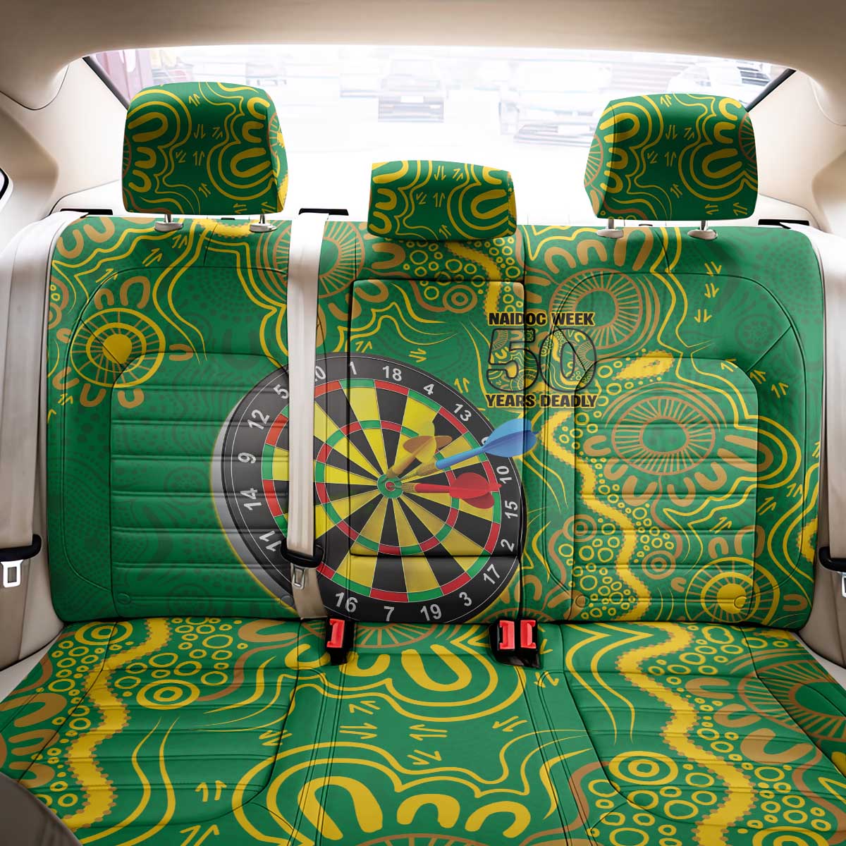 First Nations Darts NAIDOC 2026 Back Car Seat Cover Aboriginal Dot Art Dartboard Green