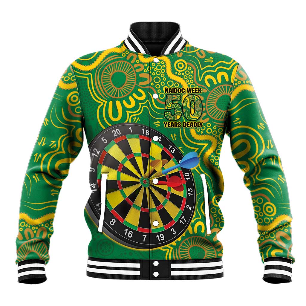First Nations Darts NAIDOC 2026 Baseball Jacket Aboriginal Dot Art Dartboard Green