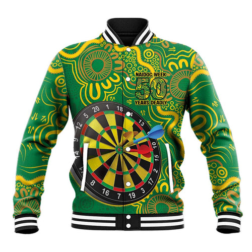 First Nations Darts NAIDOC 2026 Baseball Jacket Aboriginal Dot Art Dartboard Green