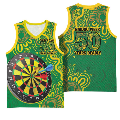 First Nations Darts NAIDOC 2026 Basketball Jersey Aboriginal Dot Art Dartboard Green