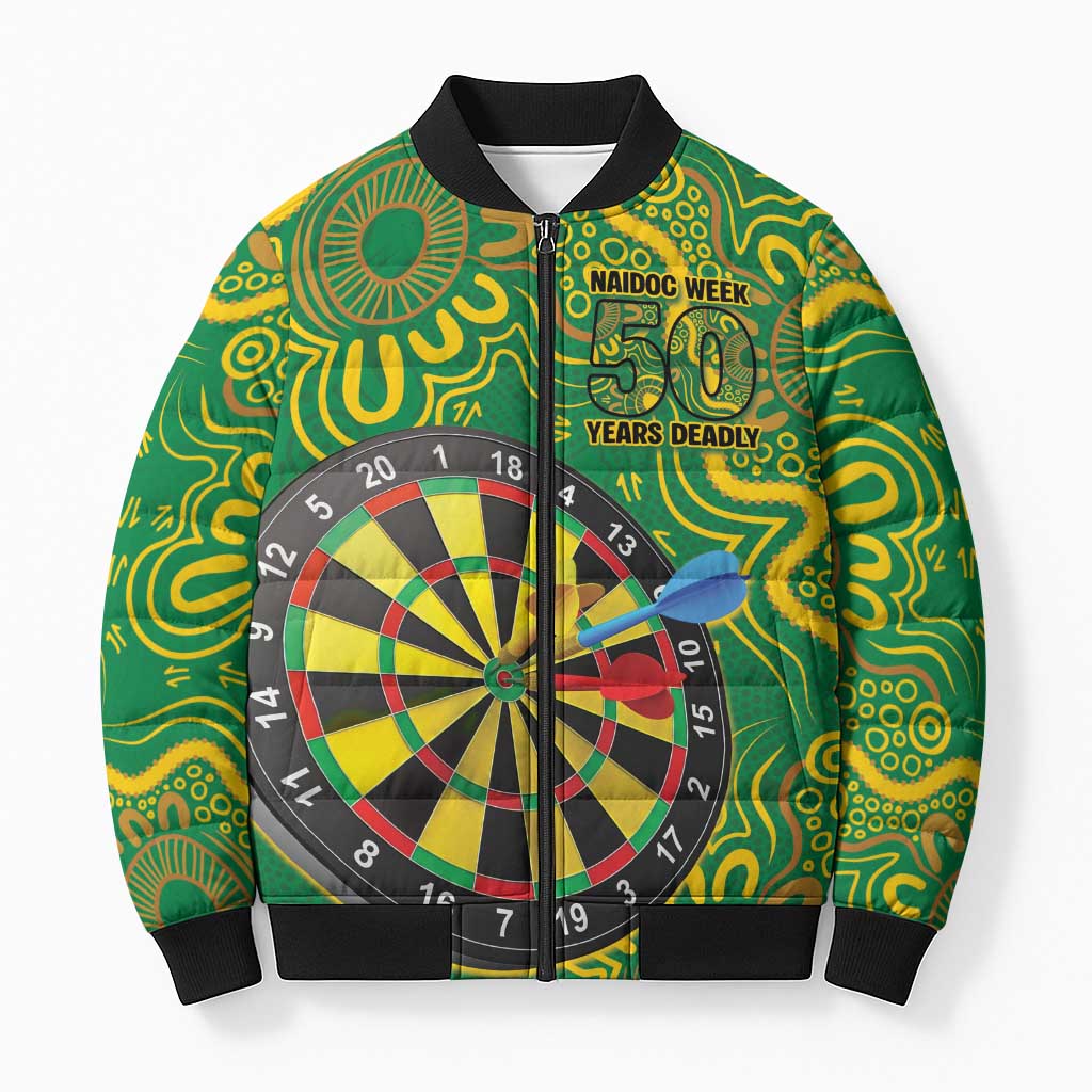 First Nations Darts NAIDOC 2026 Bomber Puffer Jacket Aboriginal Dot Art Dartboard Green
