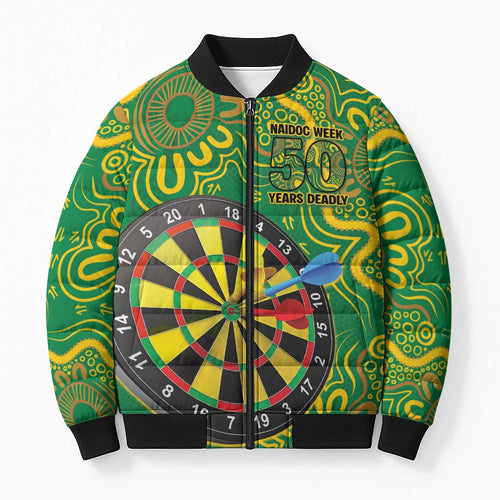 First Nations Darts NAIDOC 2026 Bomber Puffer Jacket Aboriginal Dot Art Dartboard Green