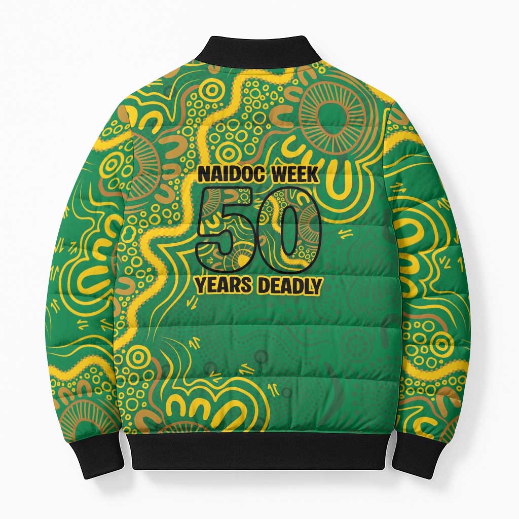 First Nations Darts NAIDOC 2026 Bomber Puffer Jacket Aboriginal Dot Art Dartboard Green