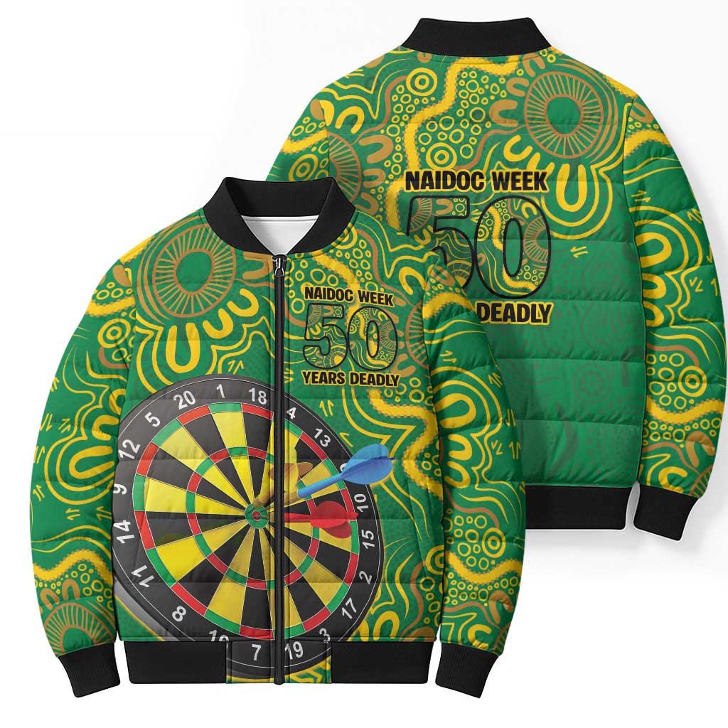 First Nations Darts NAIDOC 2026 Bomber Puffer Jacket Aboriginal Dot Art Dartboard Green