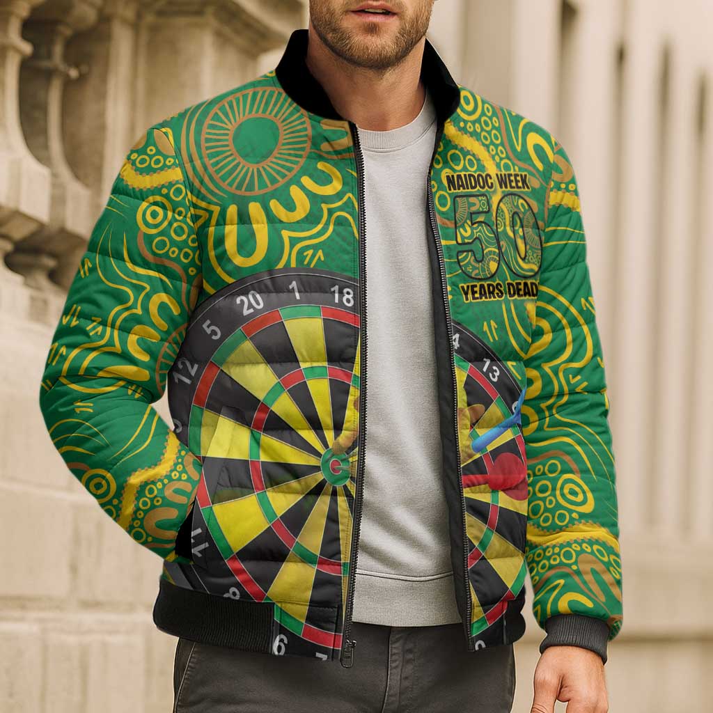 First Nations Darts NAIDOC 2026 Bomber Puffer Jacket Aboriginal Dot Art Dartboard Green