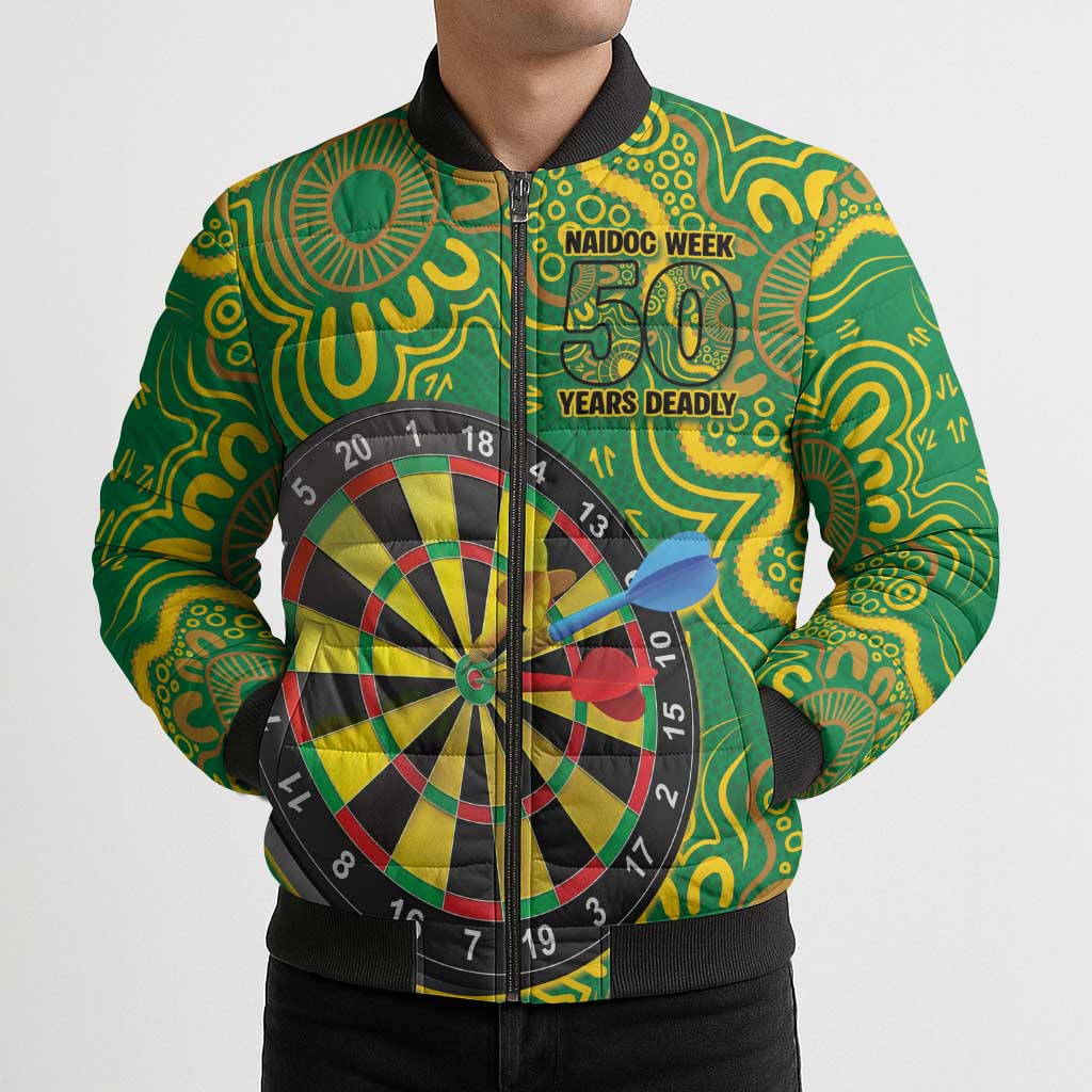 First Nations Darts NAIDOC 2026 Bomber Puffer Jacket Aboriginal Dot Art Dartboard Green