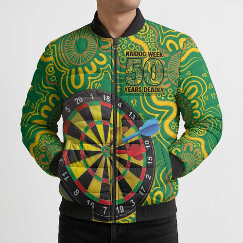 First Nations Darts NAIDOC 2026 Bomber Puffer Jacket Aboriginal Dot Art Dartboard Green