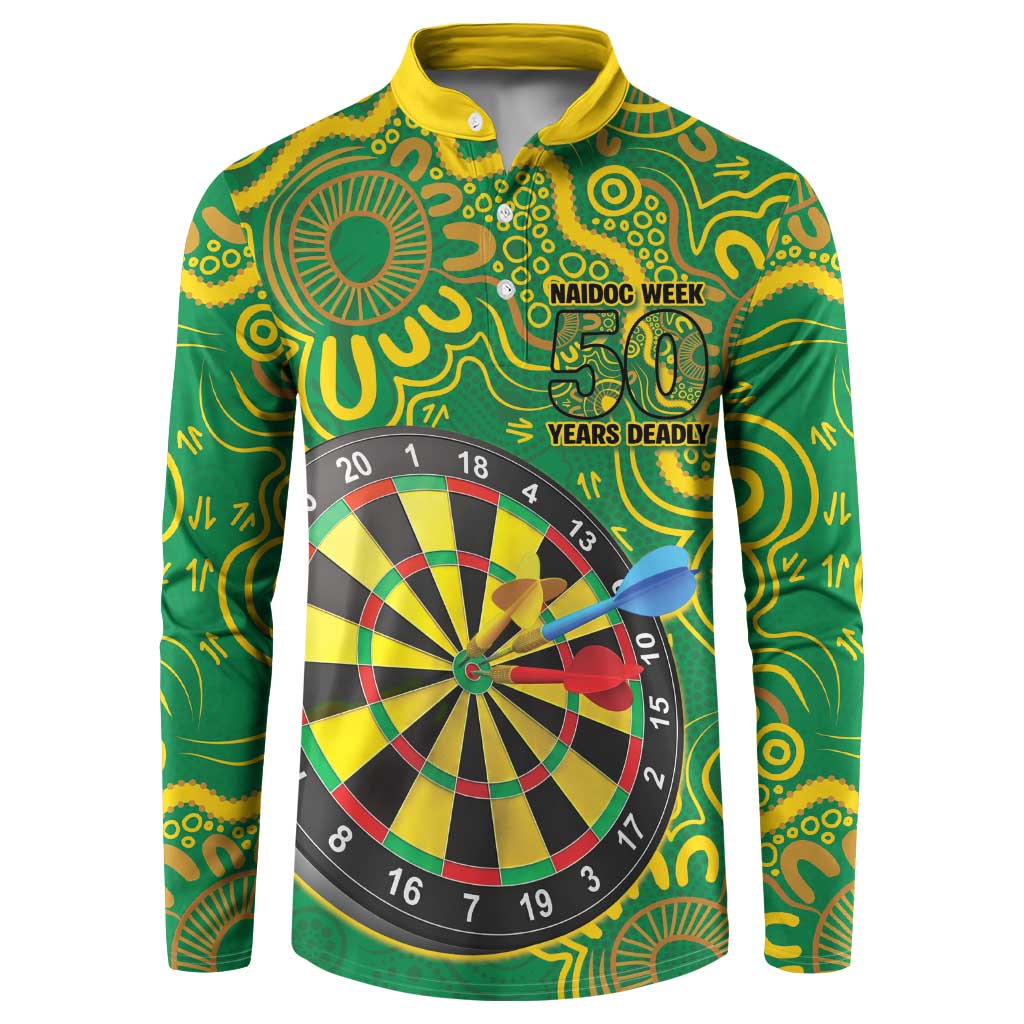 First Nations Darts NAIDOC 2026 Button Sweatshirt Aboriginal Dot Art Dartboard Green