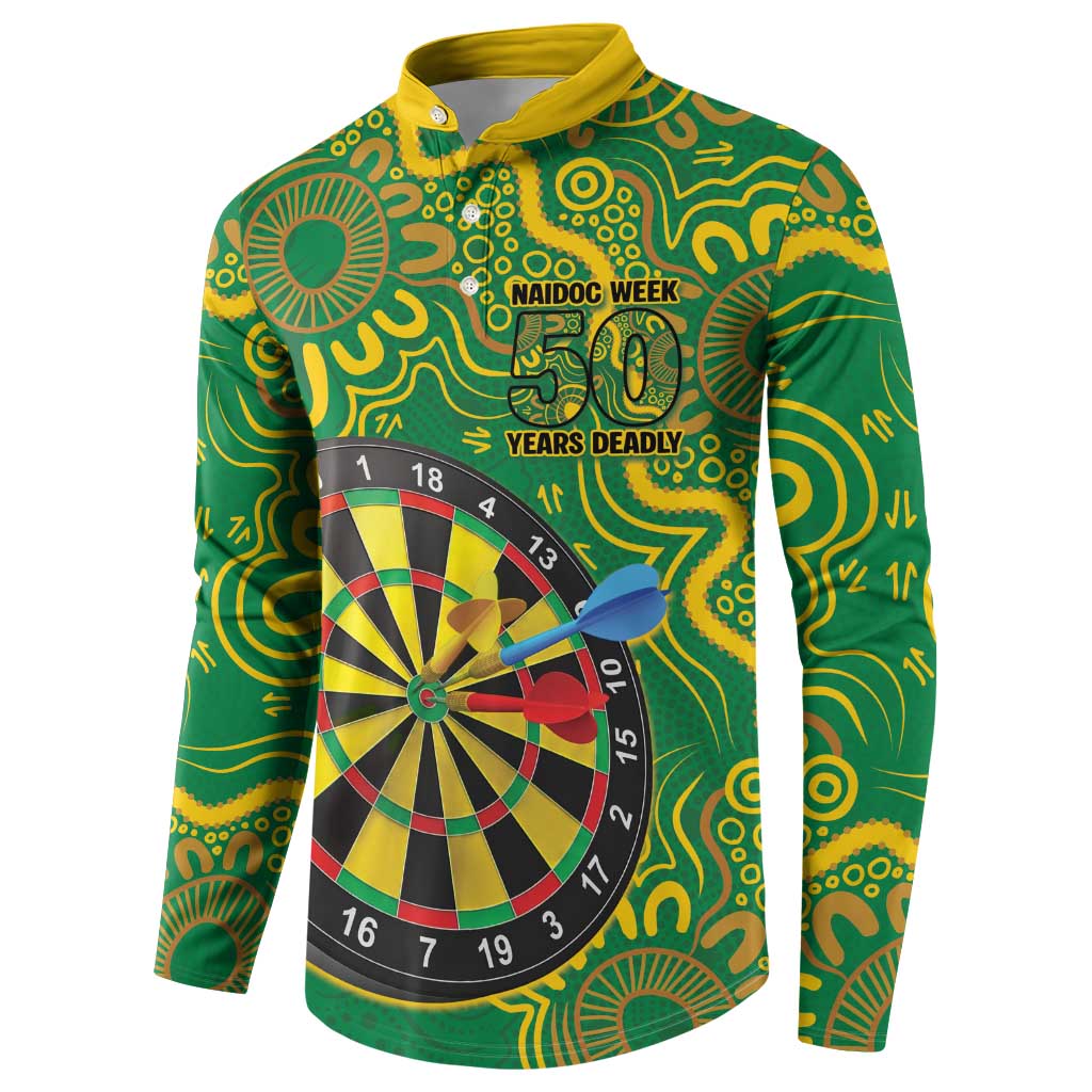 First Nations Darts NAIDOC 2026 Button Sweatshirt Aboriginal Dot Art Dartboard Green