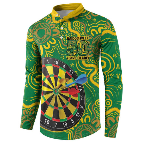 First Nations Darts NAIDOC 2026 Button Sweatshirt Aboriginal Dot Art Dartboard Green