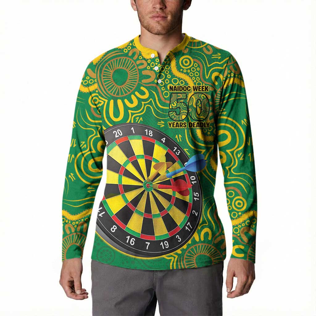 First Nations Darts NAIDOC 2026 Button Sweatshirt Aboriginal Dot Art Dartboard Green