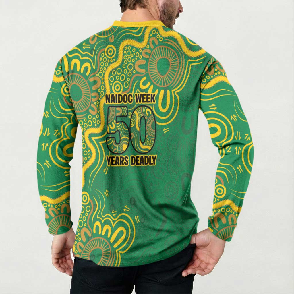 First Nations Darts NAIDOC 2026 Button Sweatshirt Aboriginal Dot Art Dartboard Green