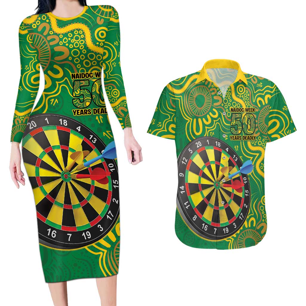 First Nations Darts NAIDOC 2026 Couples Matching Long Sleeve Bodycon Dress and Hawaiian Shirt Aboriginal Dot Art Dartboard Green
