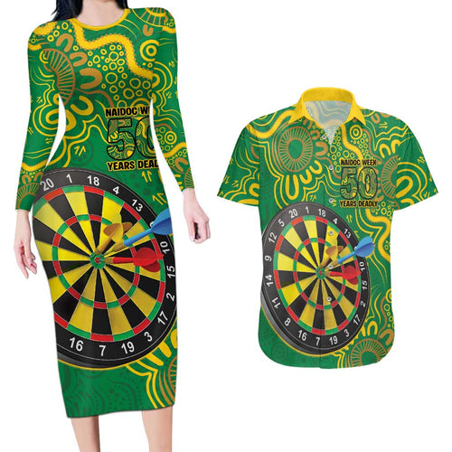 First Nations Darts NAIDOC 2026 Couples Matching Long Sleeve Bodycon Dress and Hawaiian Shirt Aboriginal Dot Art Dartboard Green