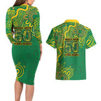 First Nations Darts NAIDOC 2026 Couples Matching Long Sleeve Bodycon Dress and Hawaiian Shirt Aboriginal Dot Art Dartboard Green