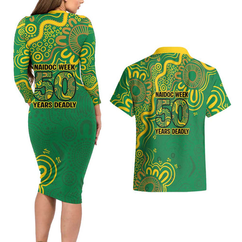 First Nations Darts NAIDOC 2026 Couples Matching Long Sleeve Bodycon Dress and Hawaiian Shirt Aboriginal Dot Art Dartboard Green