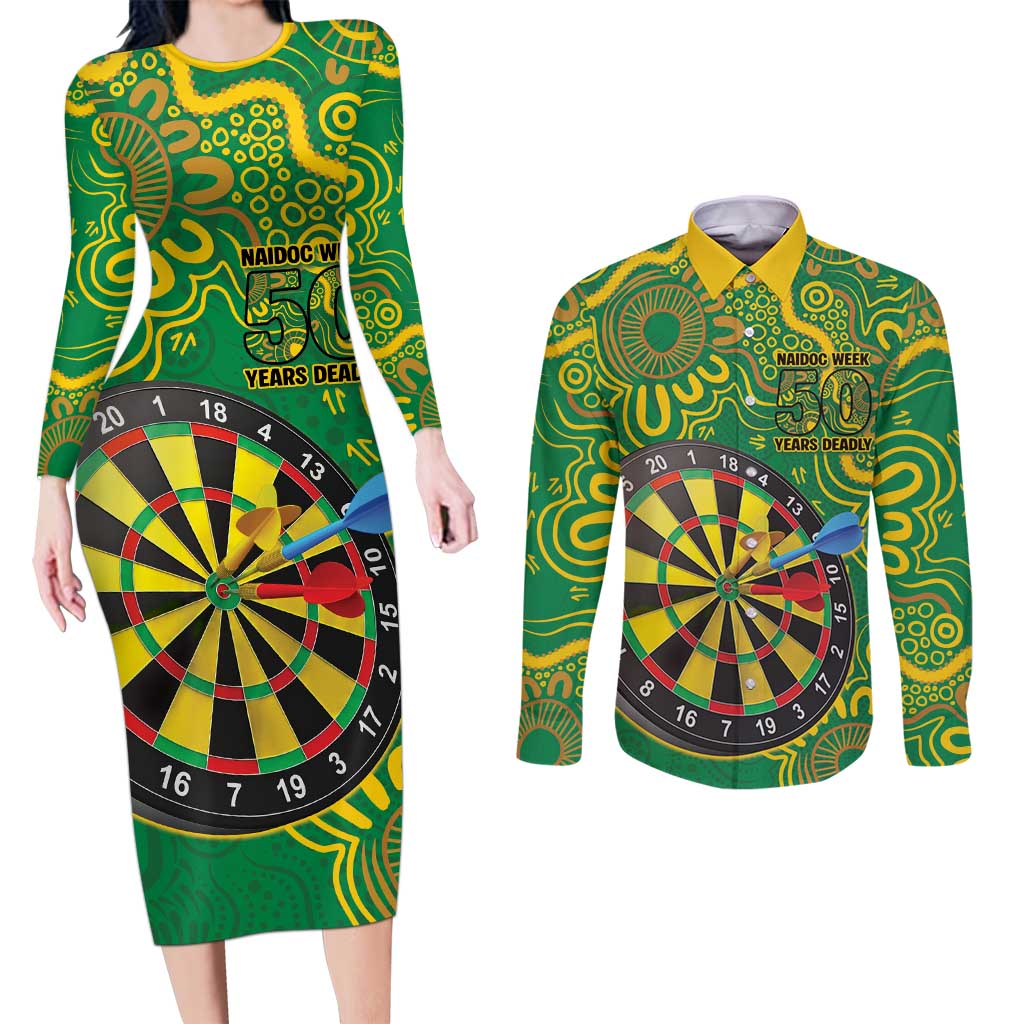 First Nations Darts NAIDOC 2026 Couples Matching Long Sleeve Bodycon Dress and Long Sleeve Button Shirt Aboriginal Dot Art Dartboard Green