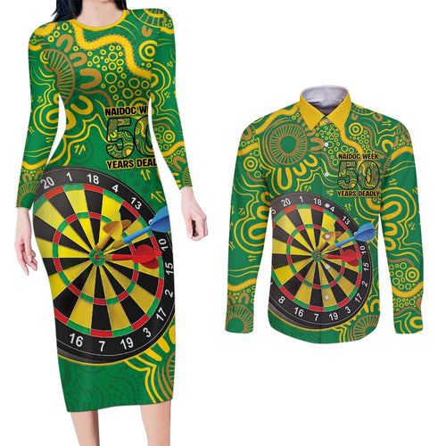 First Nations Darts NAIDOC 2026 Couples Matching Long Sleeve Bodycon Dress and Long Sleeve Button Shirt Aboriginal Dot Art Dartboard Green