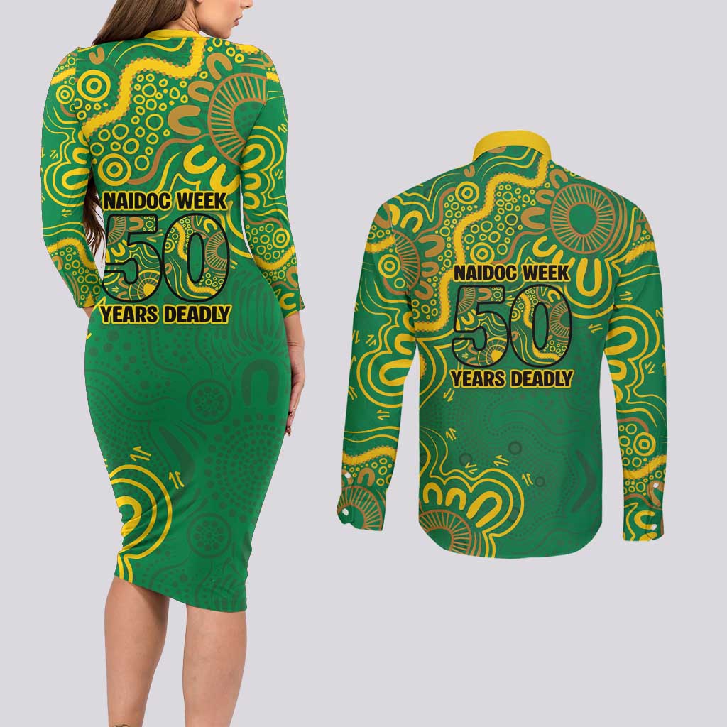 First Nations Darts NAIDOC 2026 Couples Matching Long Sleeve Bodycon Dress and Long Sleeve Button Shirt Aboriginal Dot Art Dartboard Green