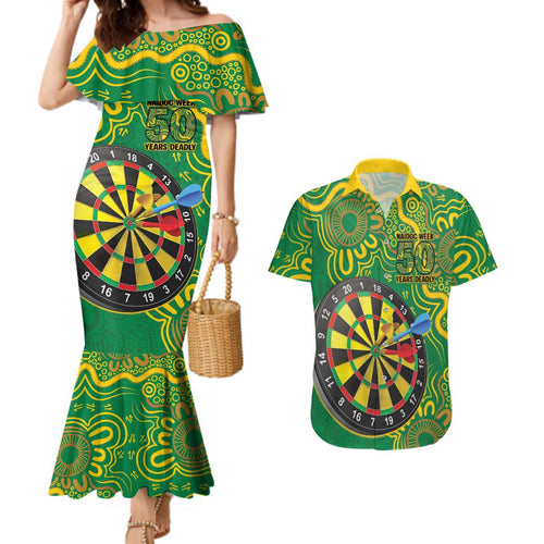 First Nations Darts NAIDOC 2026 Couples Matching Mermaid Dress and Hawaiian Shirt Aboriginal Dot Art Dartboard Green