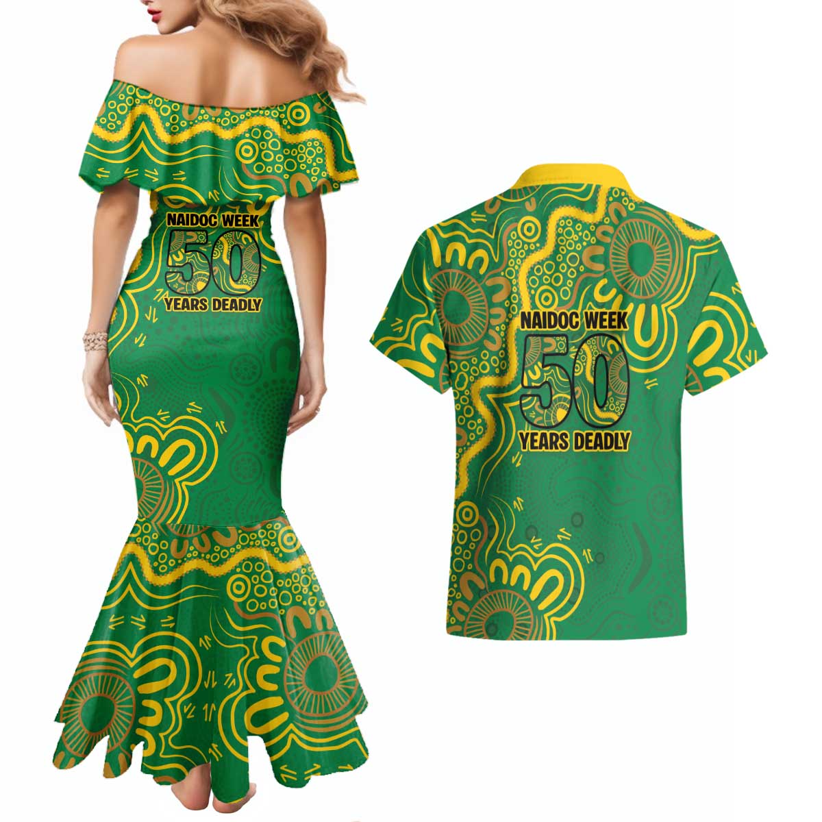 First Nations Darts NAIDOC 2026 Couples Matching Mermaid Dress and Hawaiian Shirt Aboriginal Dot Art Dartboard Green