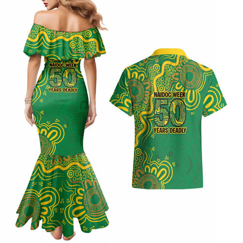 First Nations Darts NAIDOC 2026 Couples Matching Mermaid Dress and Hawaiian Shirt Aboriginal Dot Art Dartboard Green