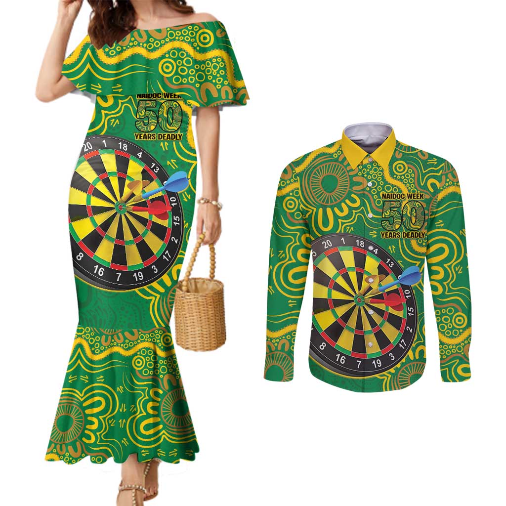 First Nations Darts NAIDOC 2026 Couples Matching Mermaid Dress and Long Sleeve Button Shirt Aboriginal Dot Art Dartboard Green