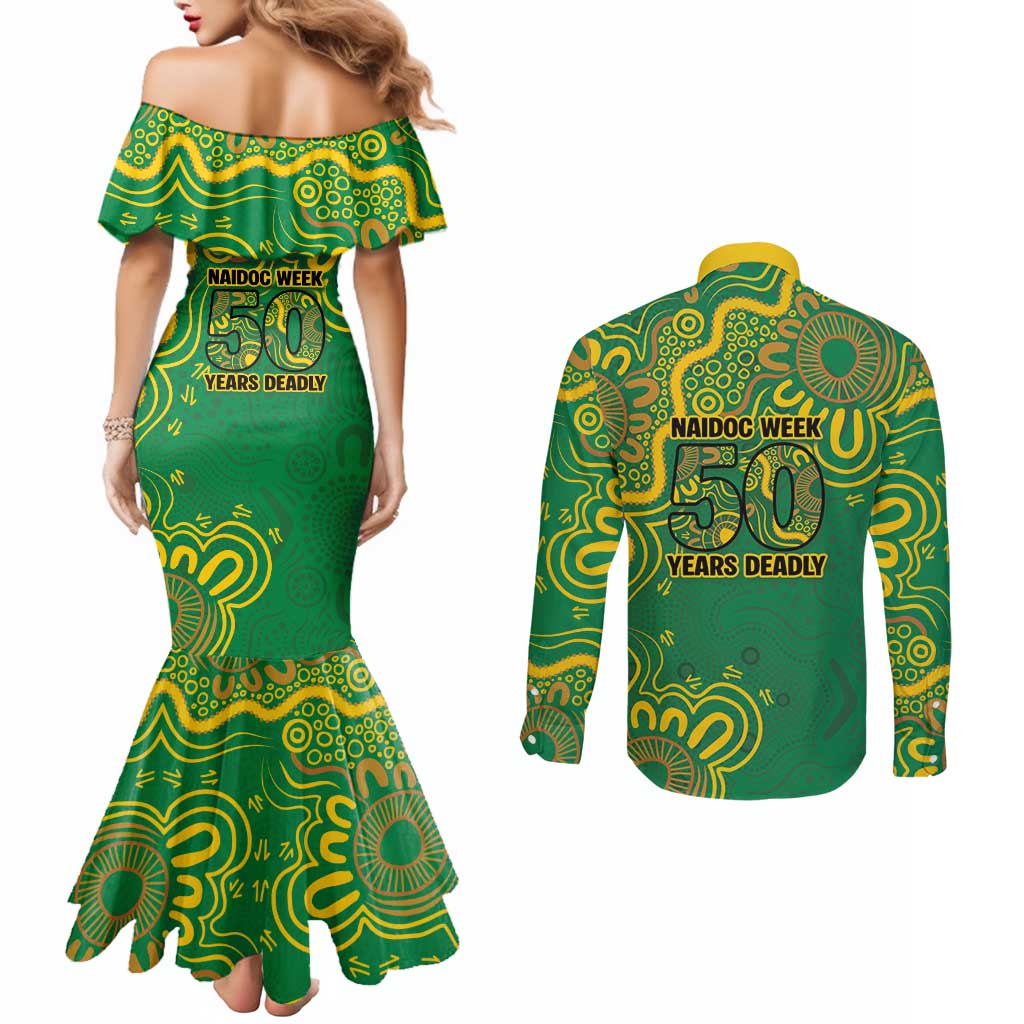 First Nations Darts NAIDOC 2026 Couples Matching Mermaid Dress and Long Sleeve Button Shirt Aboriginal Dot Art Dartboard Green