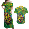 First Nations Darts NAIDOC 2026 Couples Matching Off Shoulder Maxi Dress and Hawaiian Shirt Aboriginal Dot Art Dartboard Green