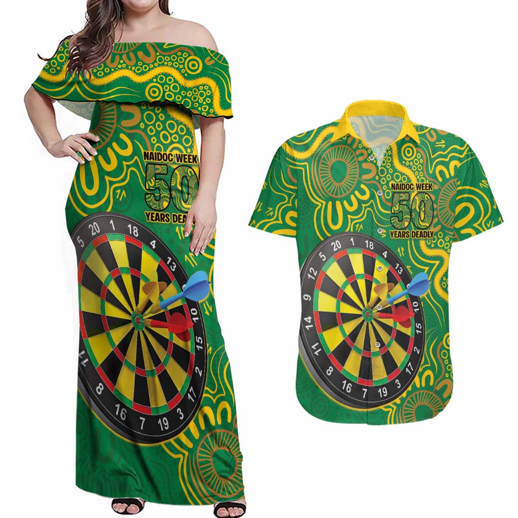 First Nations Darts NAIDOC 2026 Couples Matching Off Shoulder Maxi Dress and Hawaiian Shirt Aboriginal Dot Art Dartboard Green