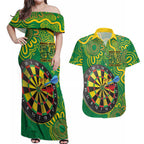 First Nations Darts NAIDOC 2026 Couples Matching Off Shoulder Maxi Dress and Hawaiian Shirt Aboriginal Dot Art Dartboard Green