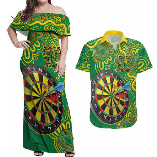 First Nations Darts NAIDOC 2026 Couples Matching Off Shoulder Maxi Dress and Hawaiian Shirt Aboriginal Dot Art Dartboard Green