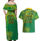 First Nations Darts NAIDOC 2026 Couples Matching Off Shoulder Maxi Dress and Hawaiian Shirt Aboriginal Dot Art Dartboard Green