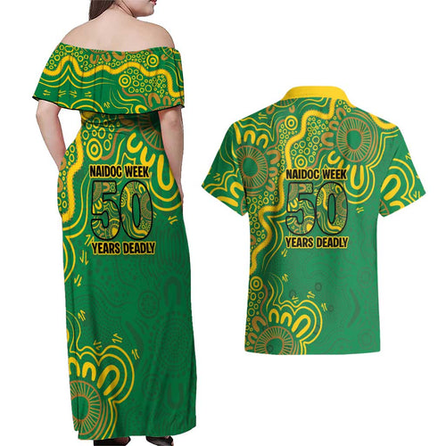 First Nations Darts NAIDOC 2026 Couples Matching Off Shoulder Maxi Dress and Hawaiian Shirt Aboriginal Dot Art Dartboard Green