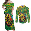 First Nations Darts NAIDOC 2026 Couples Matching Off Shoulder Maxi Dress and Long Sleeve Button Shirt Aboriginal Dot Art Dartboard Green