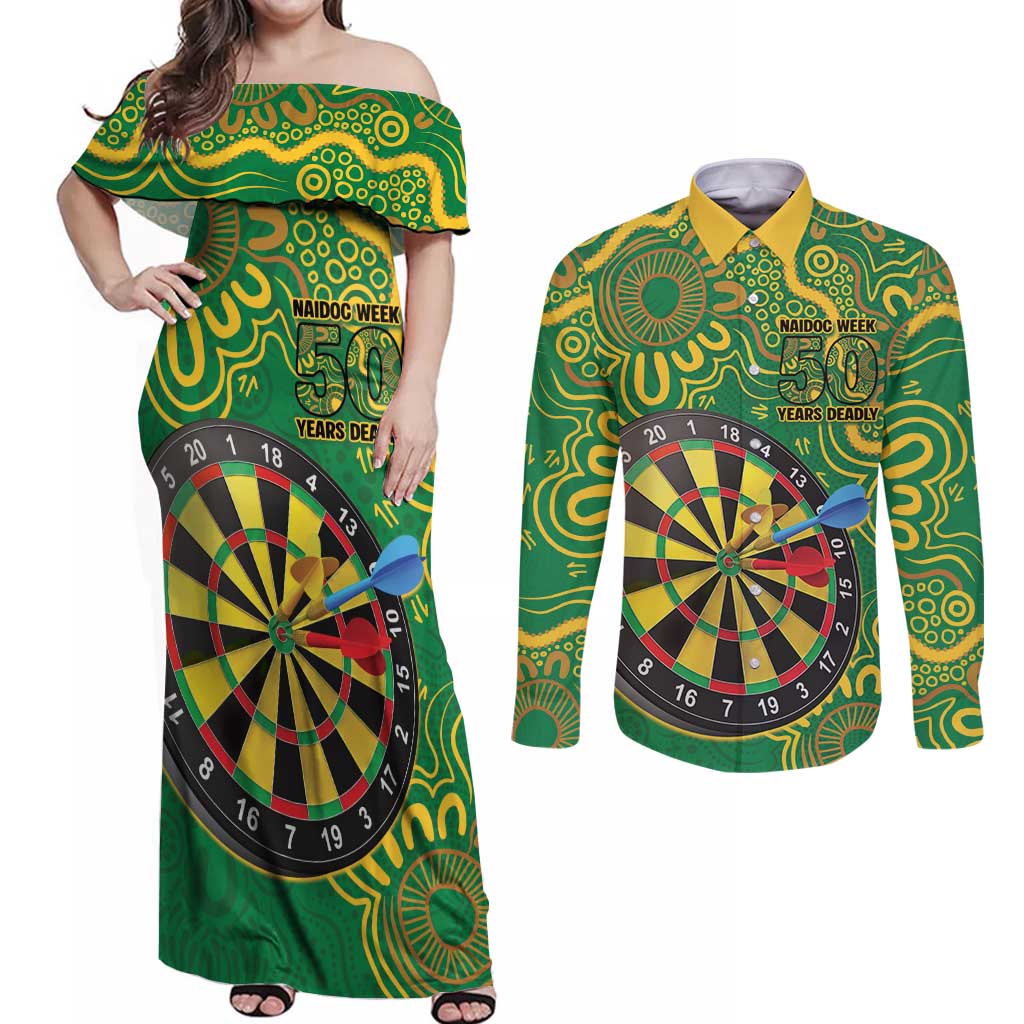 First Nations Darts NAIDOC 2026 Couples Matching Off Shoulder Maxi Dress and Long Sleeve Button Shirt Aboriginal Dot Art Dartboard Green