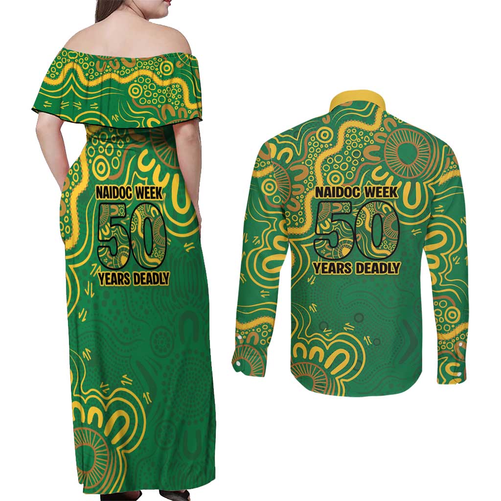 First Nations Darts NAIDOC 2026 Couples Matching Off Shoulder Maxi Dress and Long Sleeve Button Shirt Aboriginal Dot Art Dartboard Green