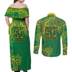 First Nations Darts NAIDOC 2026 Couples Matching Off Shoulder Maxi Dress and Long Sleeve Button Shirt Aboriginal Dot Art Dartboard Green