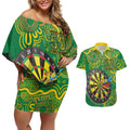 First Nations Darts NAIDOC 2026 Couples Matching Off Shoulder Short Dress and Hawaiian Shirt Aboriginal Dot Art Dartboard Green