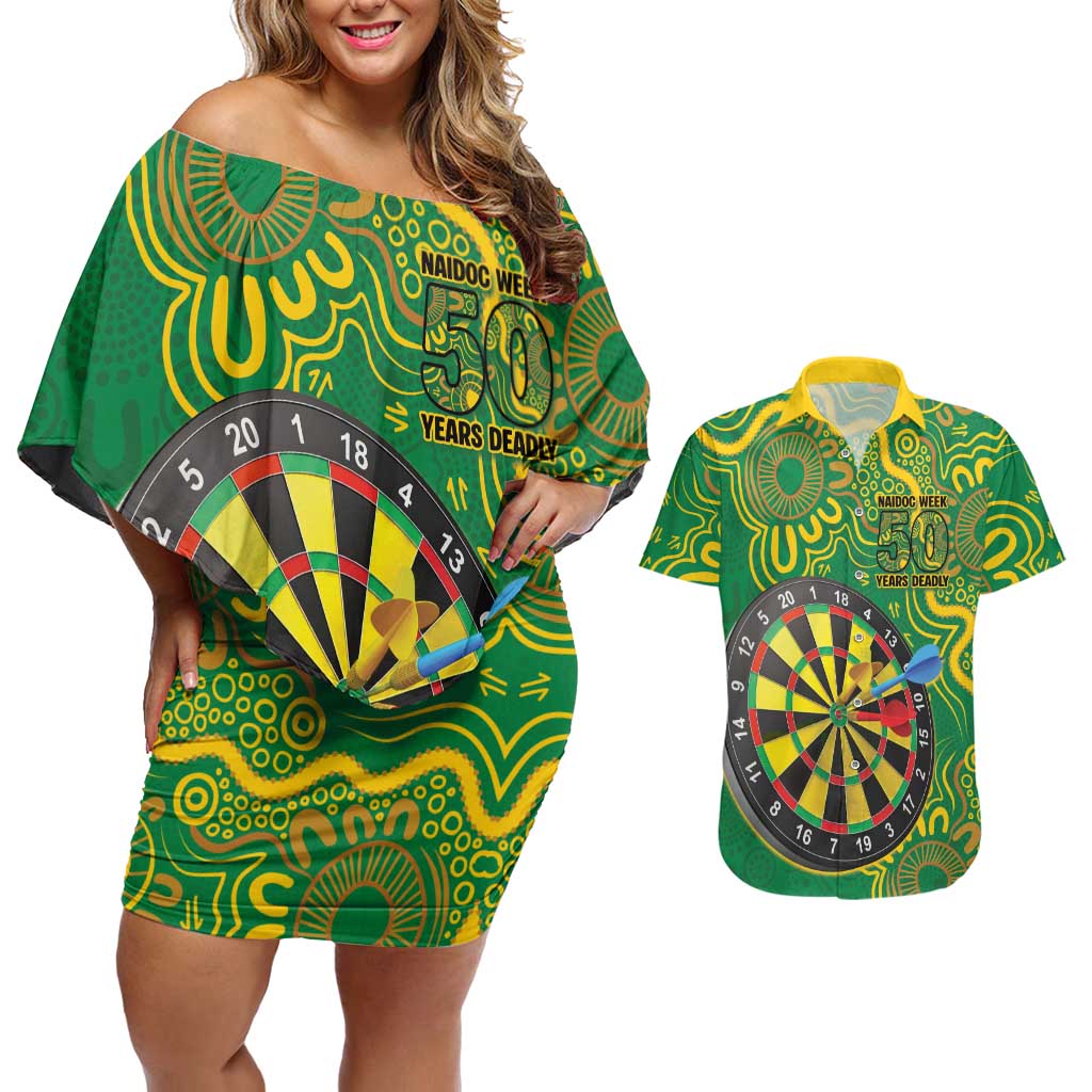 First Nations Darts NAIDOC 2026 Couples Matching Off Shoulder Short Dress and Hawaiian Shirt Aboriginal Dot Art Dartboard Green